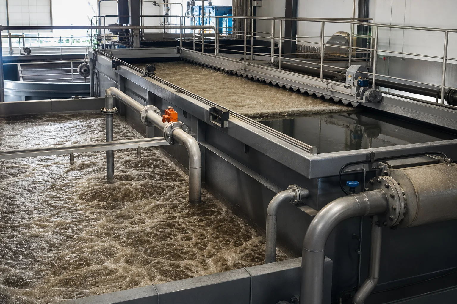 Dissolved air flotation system with flocculated wastewater, recycle piping and a surface skimmer