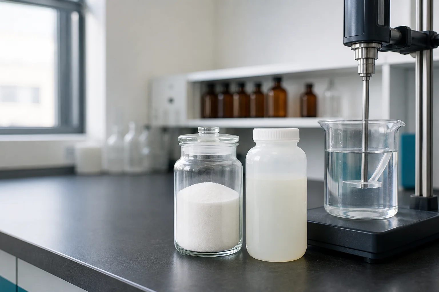 Powder, emulsion and prepared wastewater flocculant samples beside a laboratory mixer