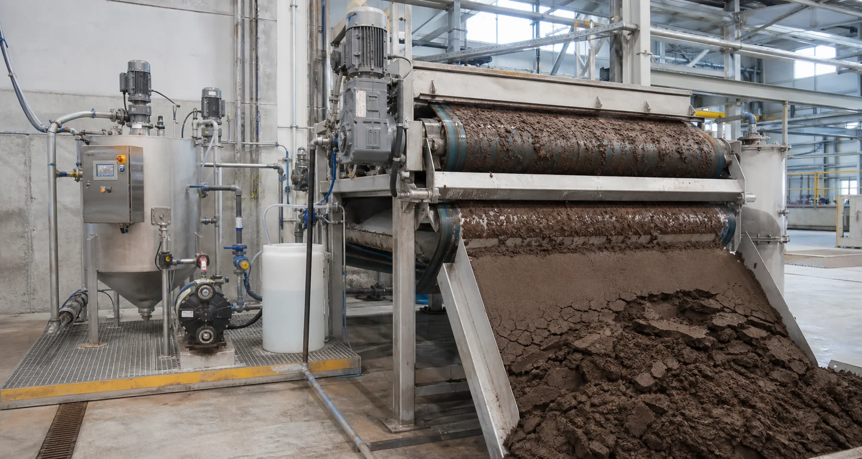 Polymer make-down skid feeding a belt press that discharges dewatered sludge cake