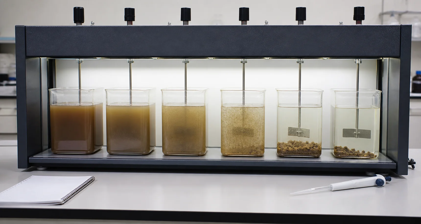 Six-place wastewater jar test showing a controlled progression from cloudy water to settled floc